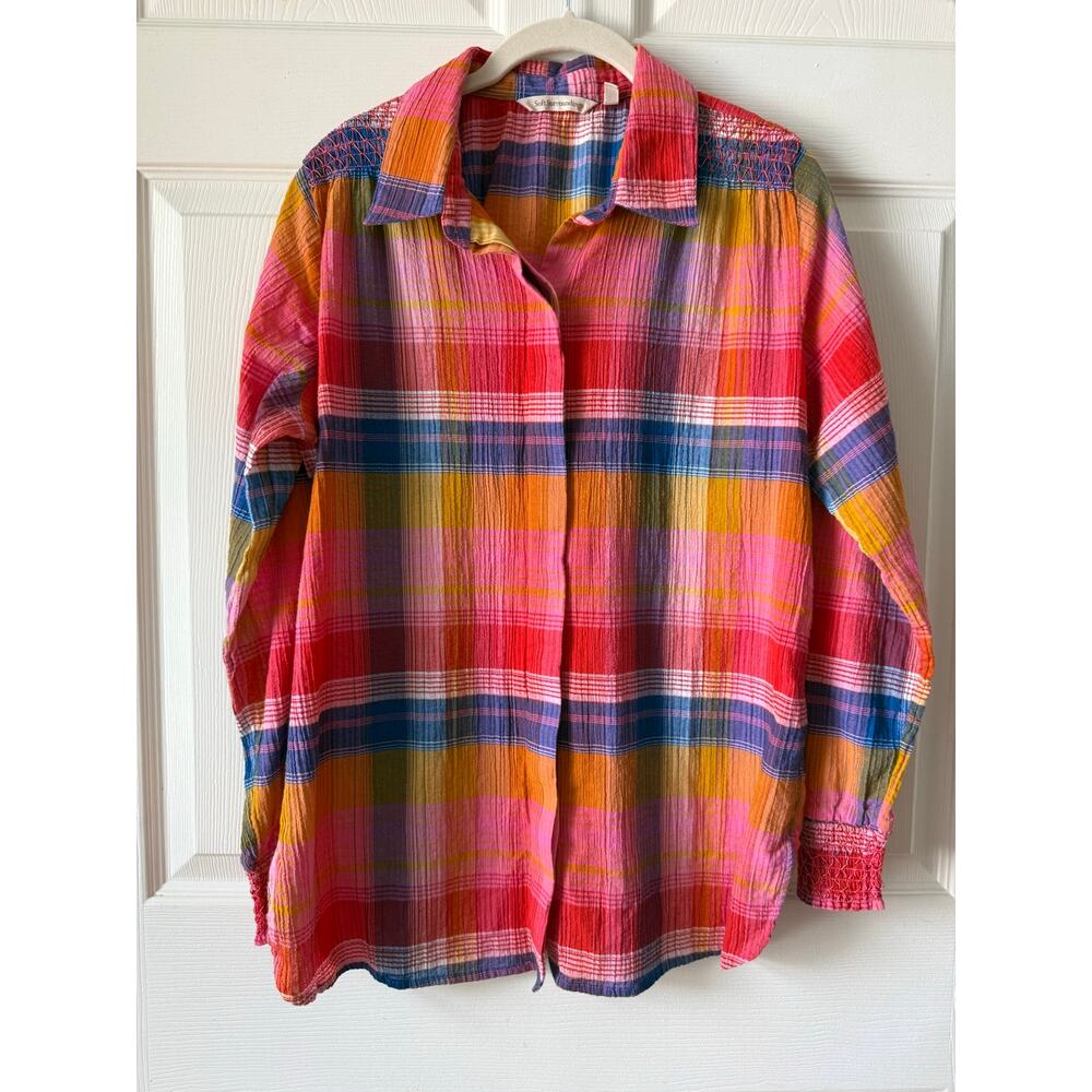 Soft Surroundings Rainbow Plaid Boho Button Down Large Pride Summer‎ Festival
